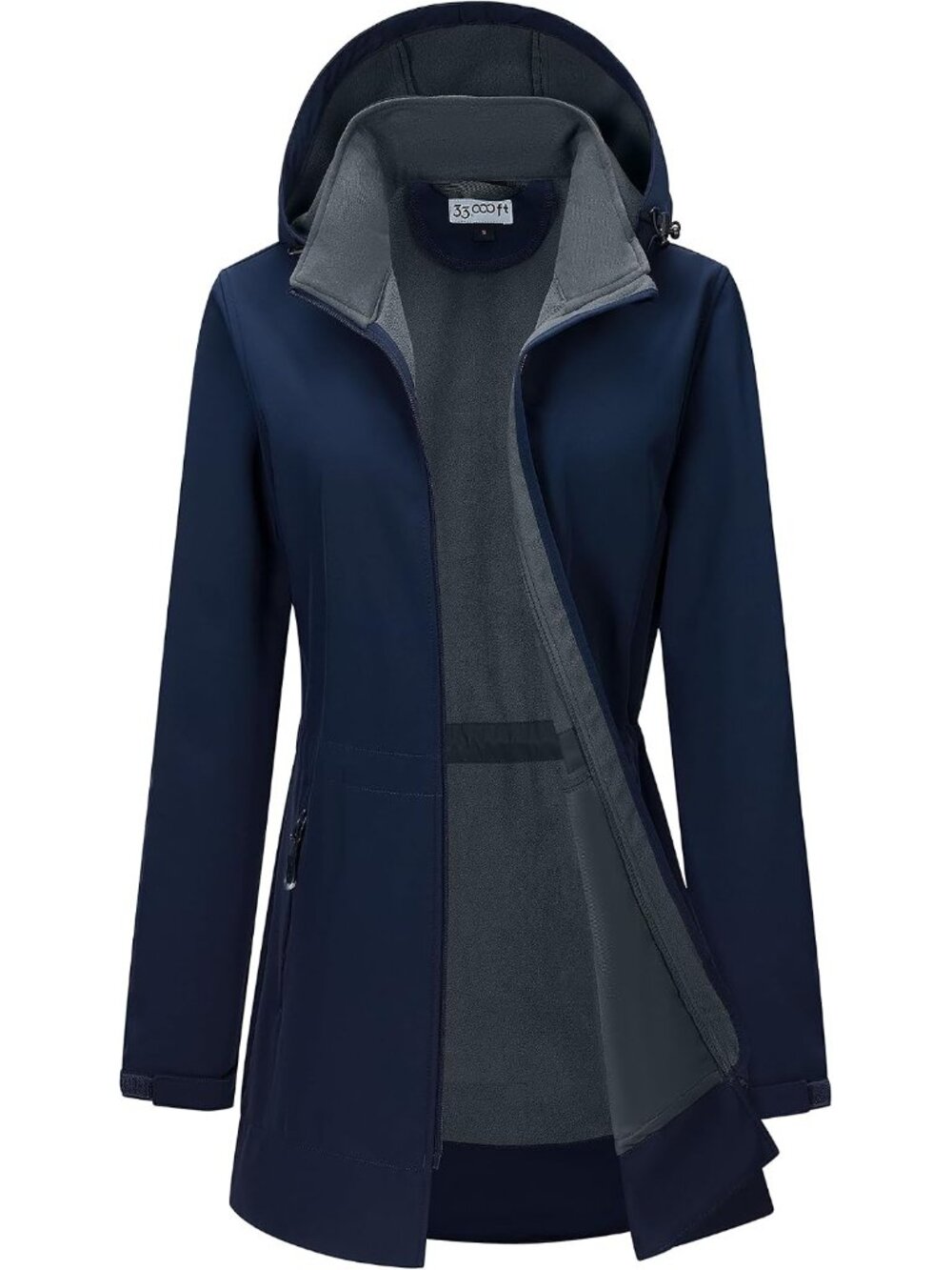Women's Navy Hooded Fleece Lined Softshell Full Zip Long Waterproof Rain Jacket